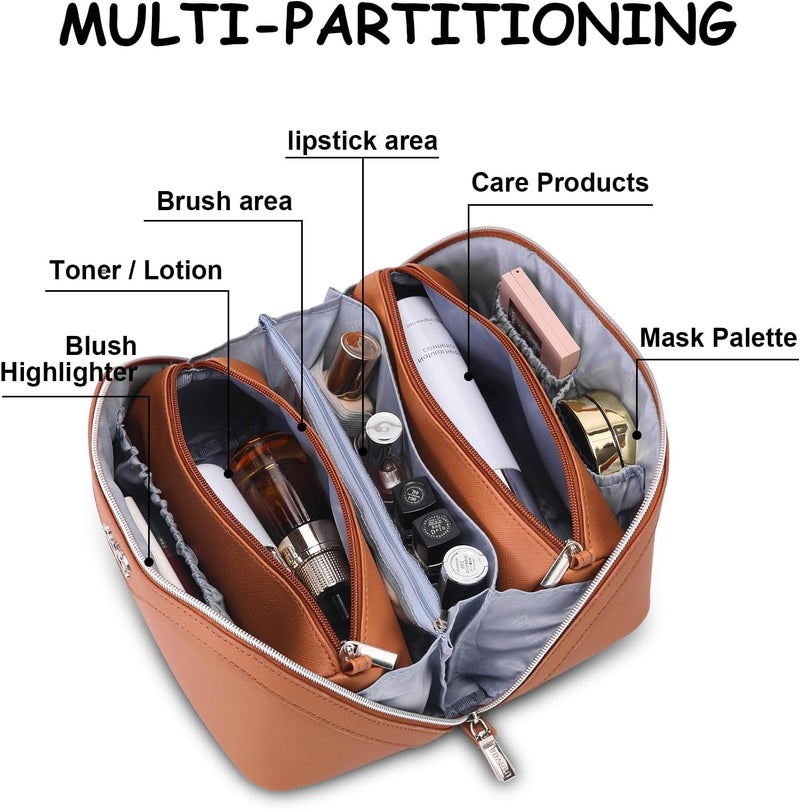 BOYATU Travel Makeup Bag Organizer Cosmetic Bag: 3 Pcs Set Make up Bags for Women with Handle - Waterproof Vegan Leather Toiletry Bags Travel Essentials Pouch with Compartments (C-02-Brown) - Image 3